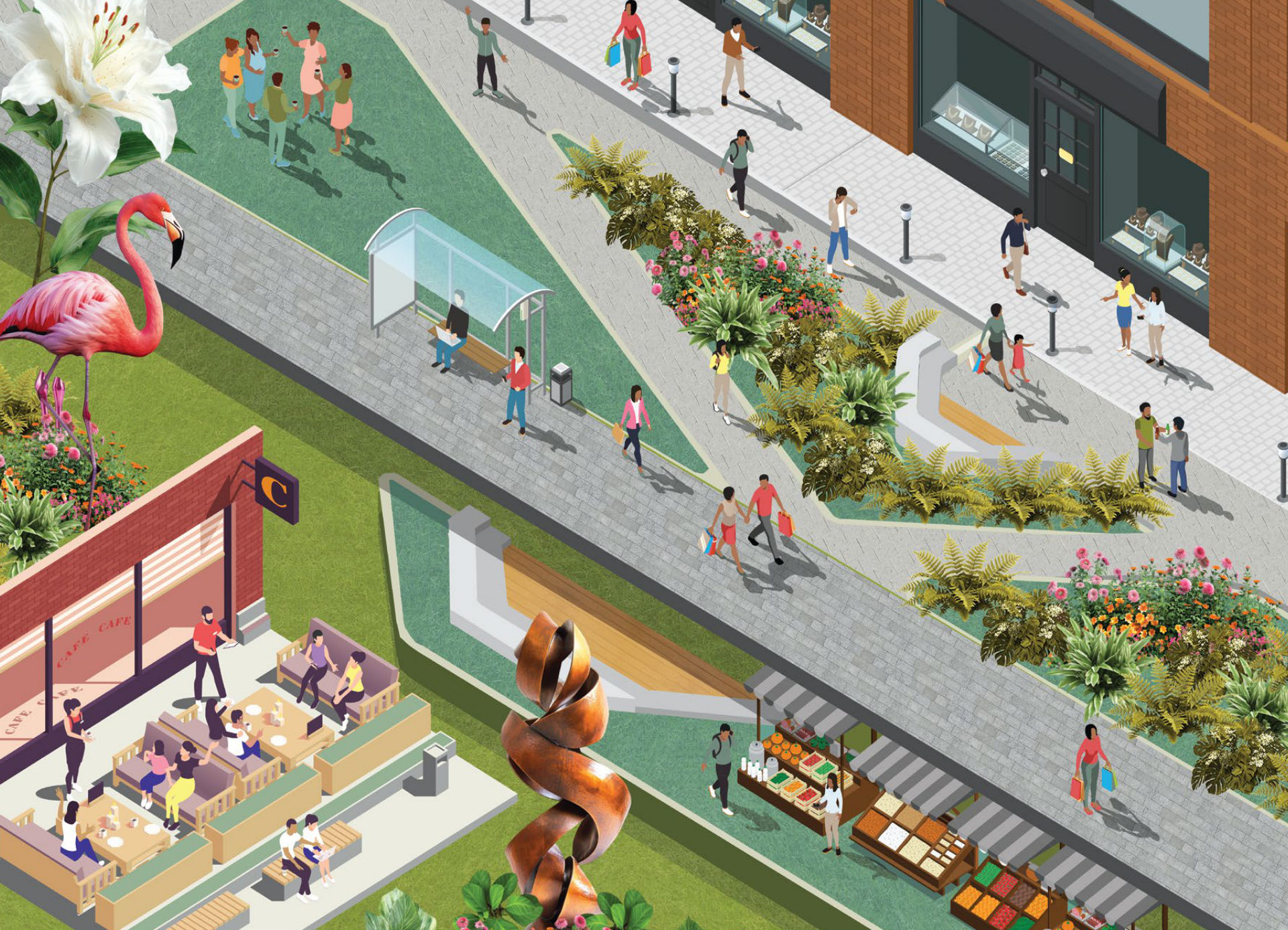 Illustrated view of the urban boulevard with café, walkway and market stalls